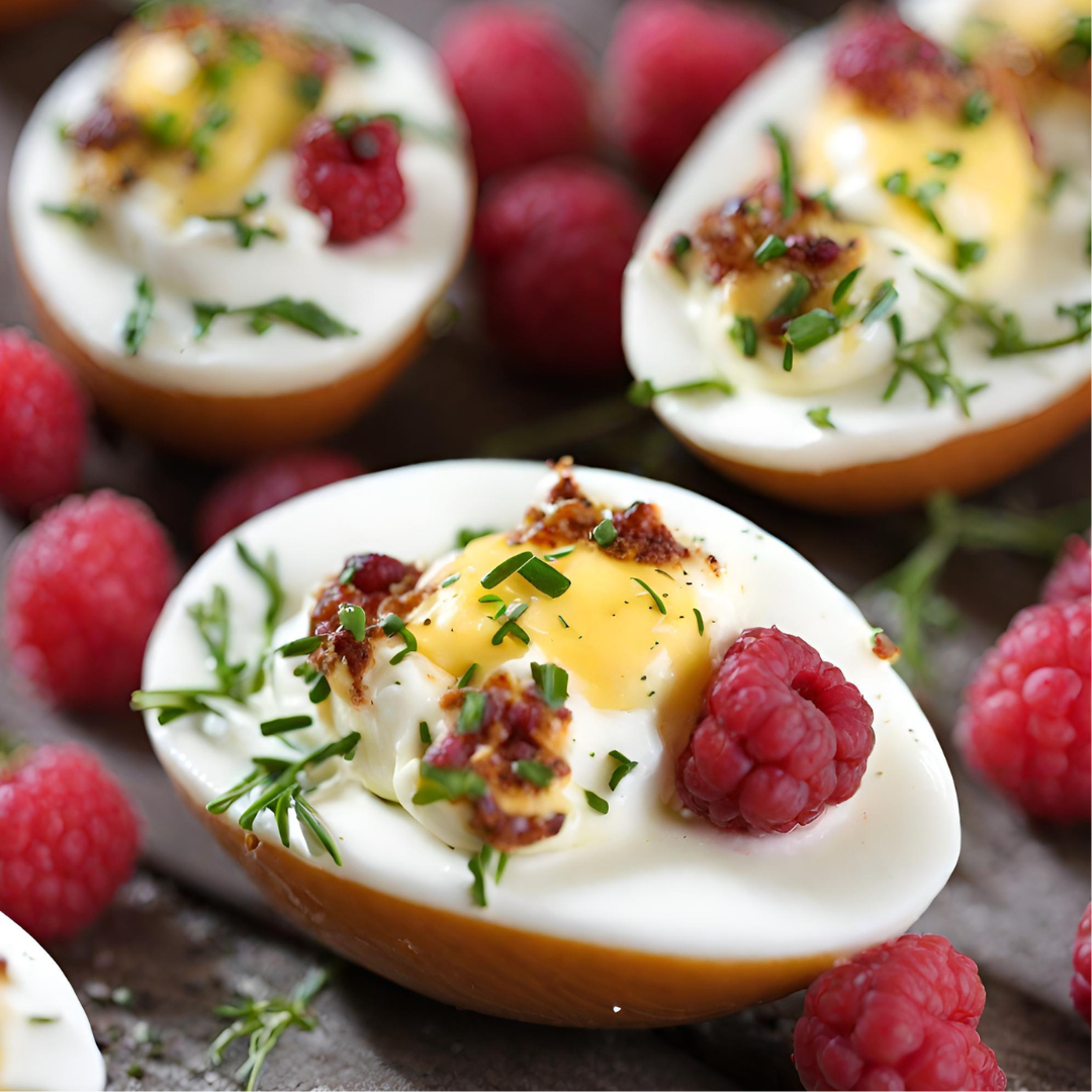 Raspberry Thyme Pretzel Deviled Eggs