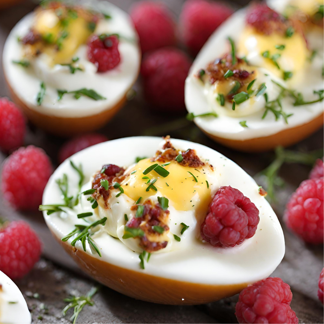 Raspberry Thyme Pretzel Deviled Eggs 