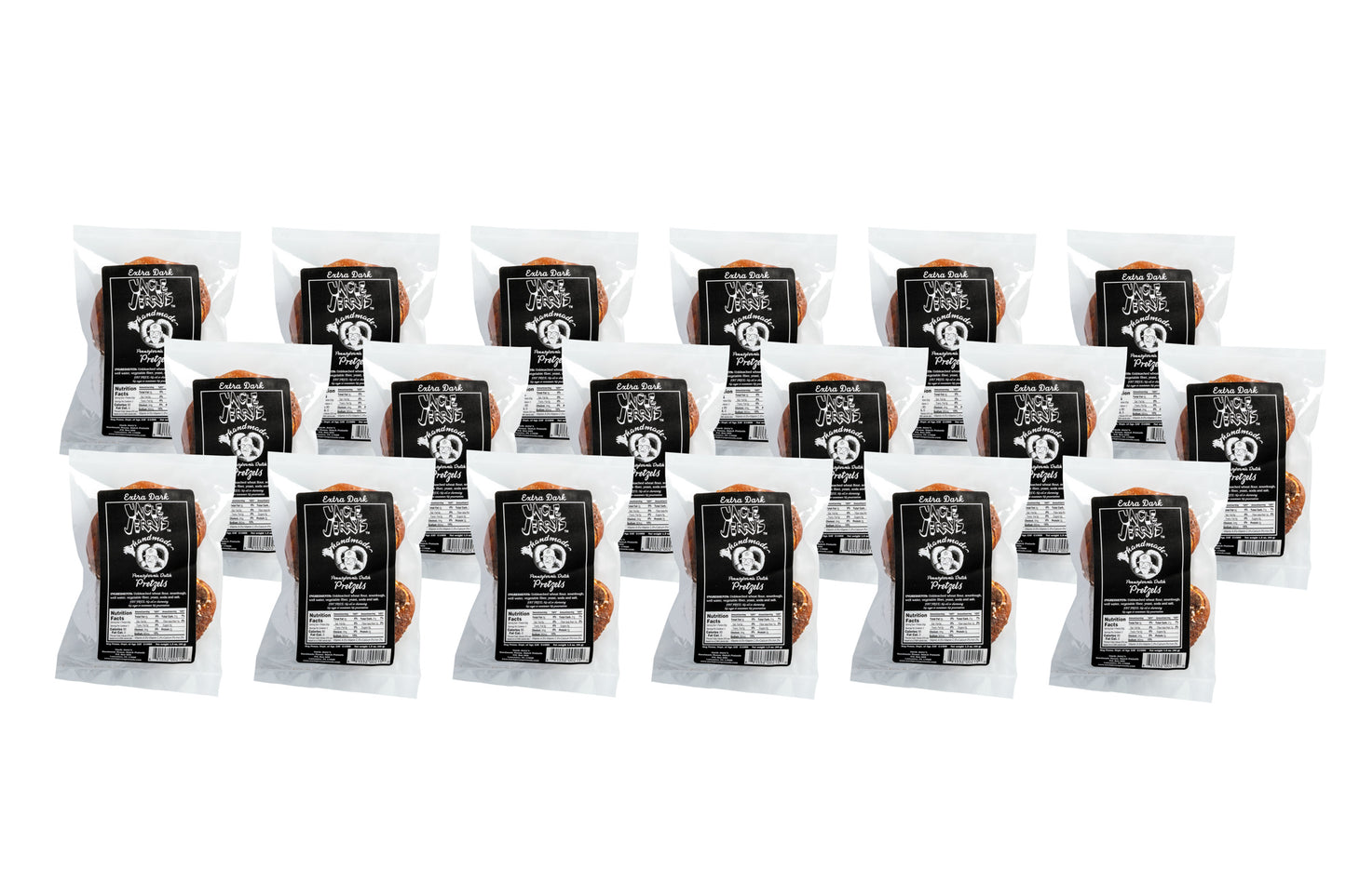 Eighteen snack packs of Uncle Jerry's extra dark pretzels with black labels