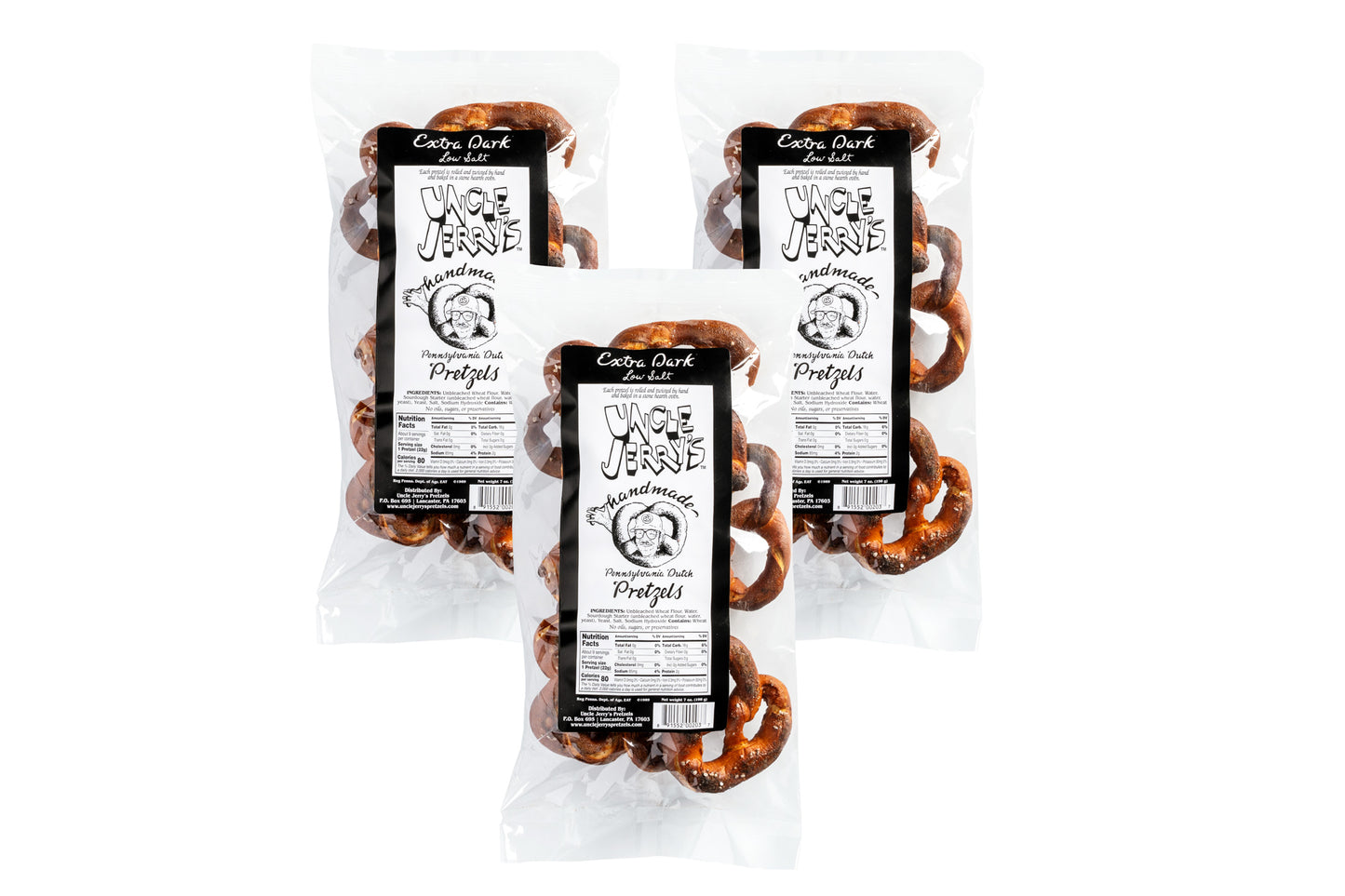 Three bags of extra dark low-salt pretzels with black and white Uncle Jerry's labels