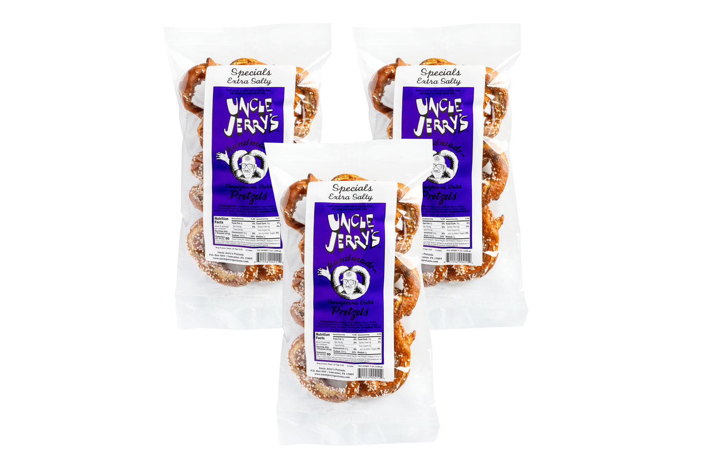 Three bags of extra salty pretzels with purple Uncle Jerry's labels