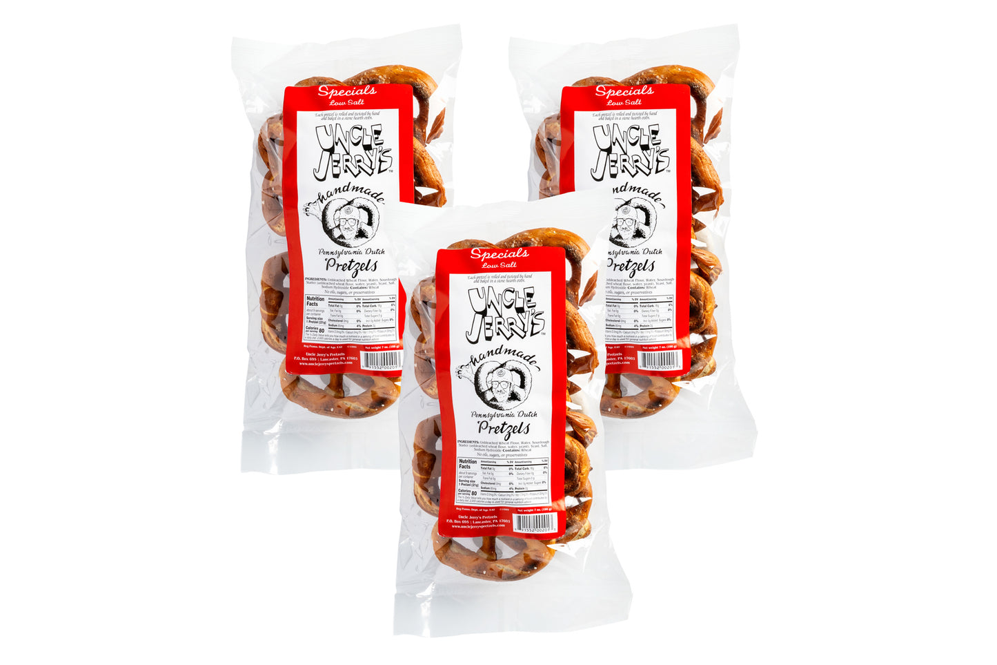 Three individually packaged low-salt pretzels with red and white "Specials" labels
