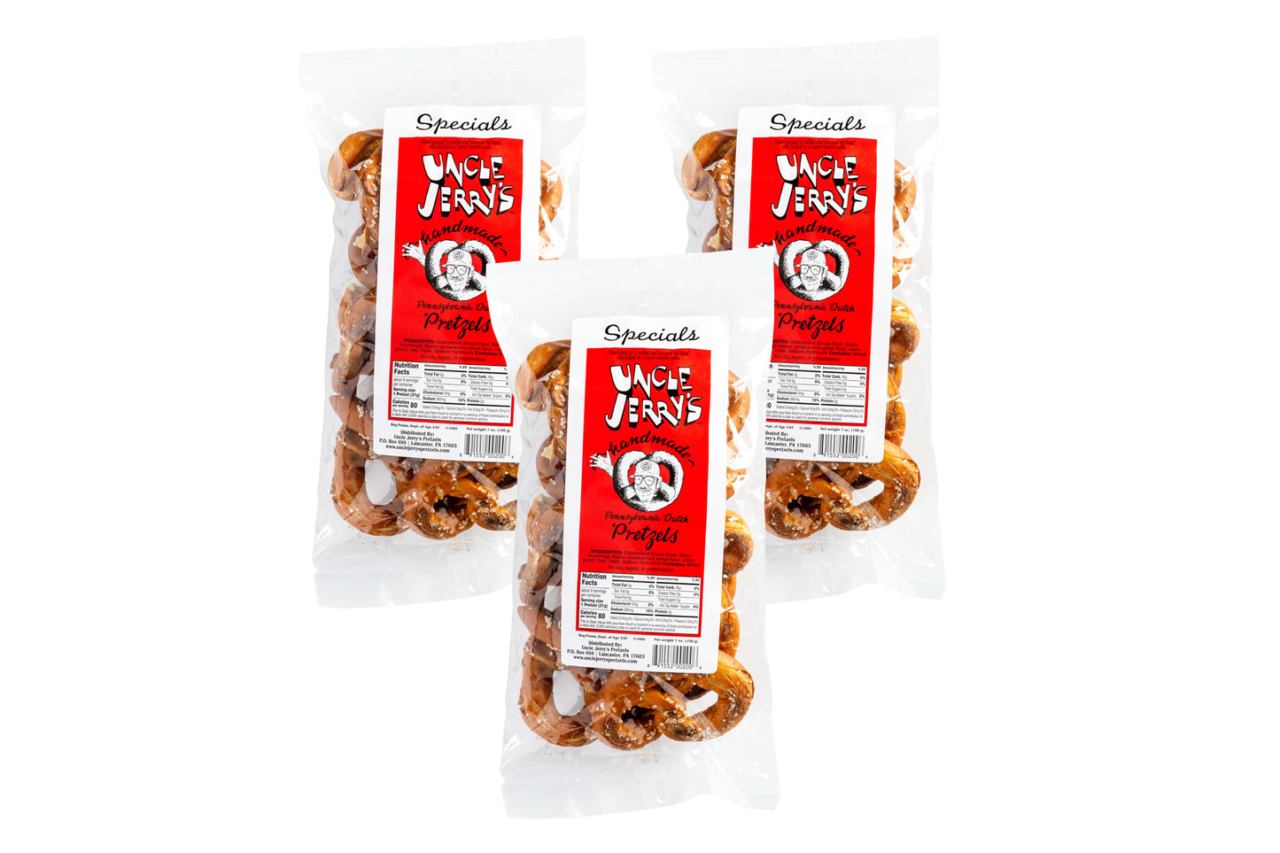 Three bags of regular salt pretzels with red Uncle Jerry's labels