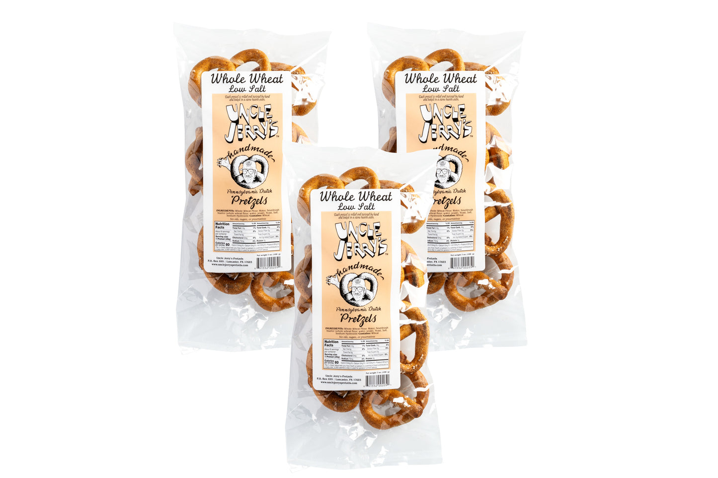 Three bags of whole wheat low salt pretzels with beige Uncle Jerry's labels