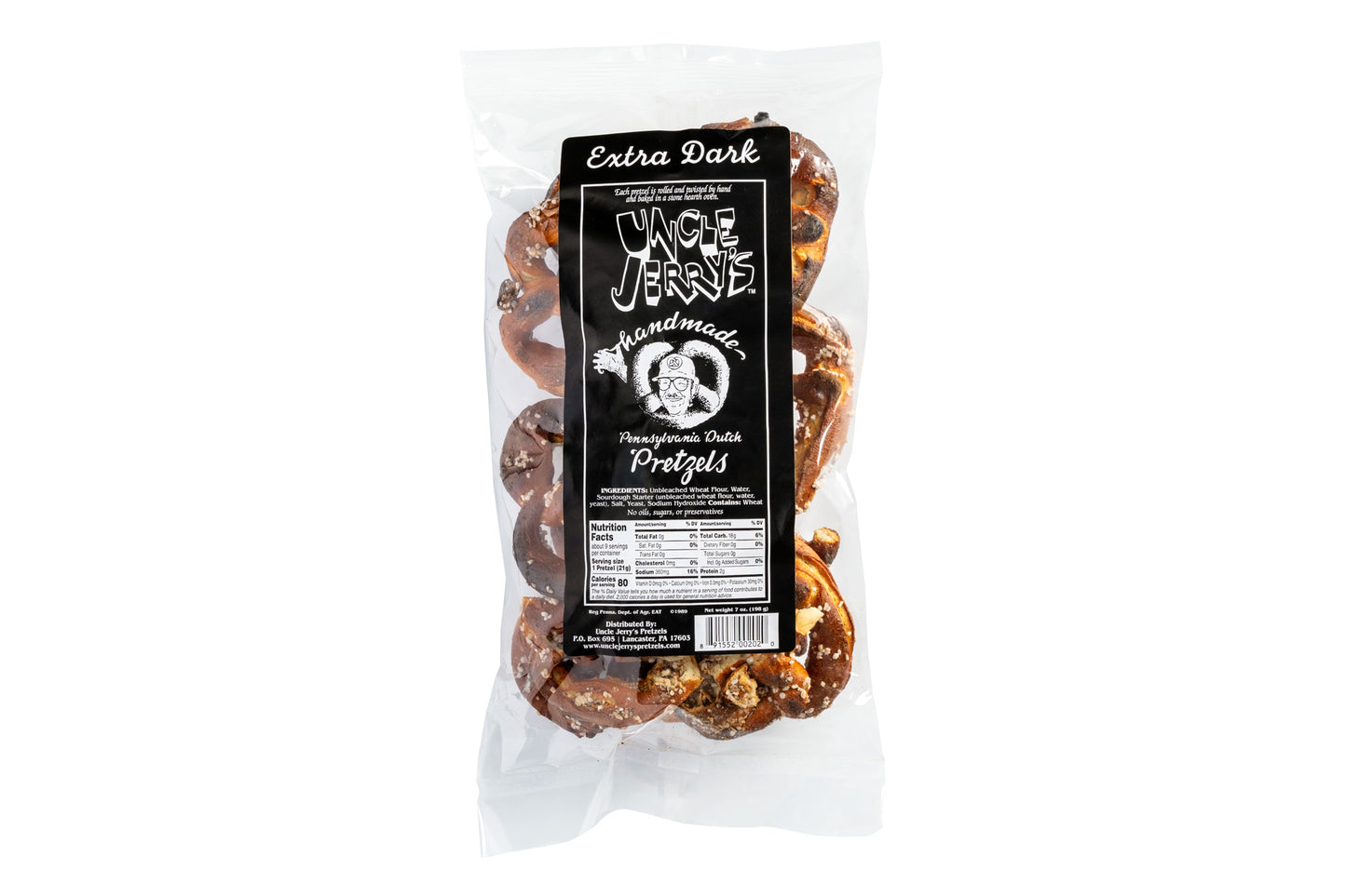 Bag of Uncle Jerry's extra dark regular salt pretzels