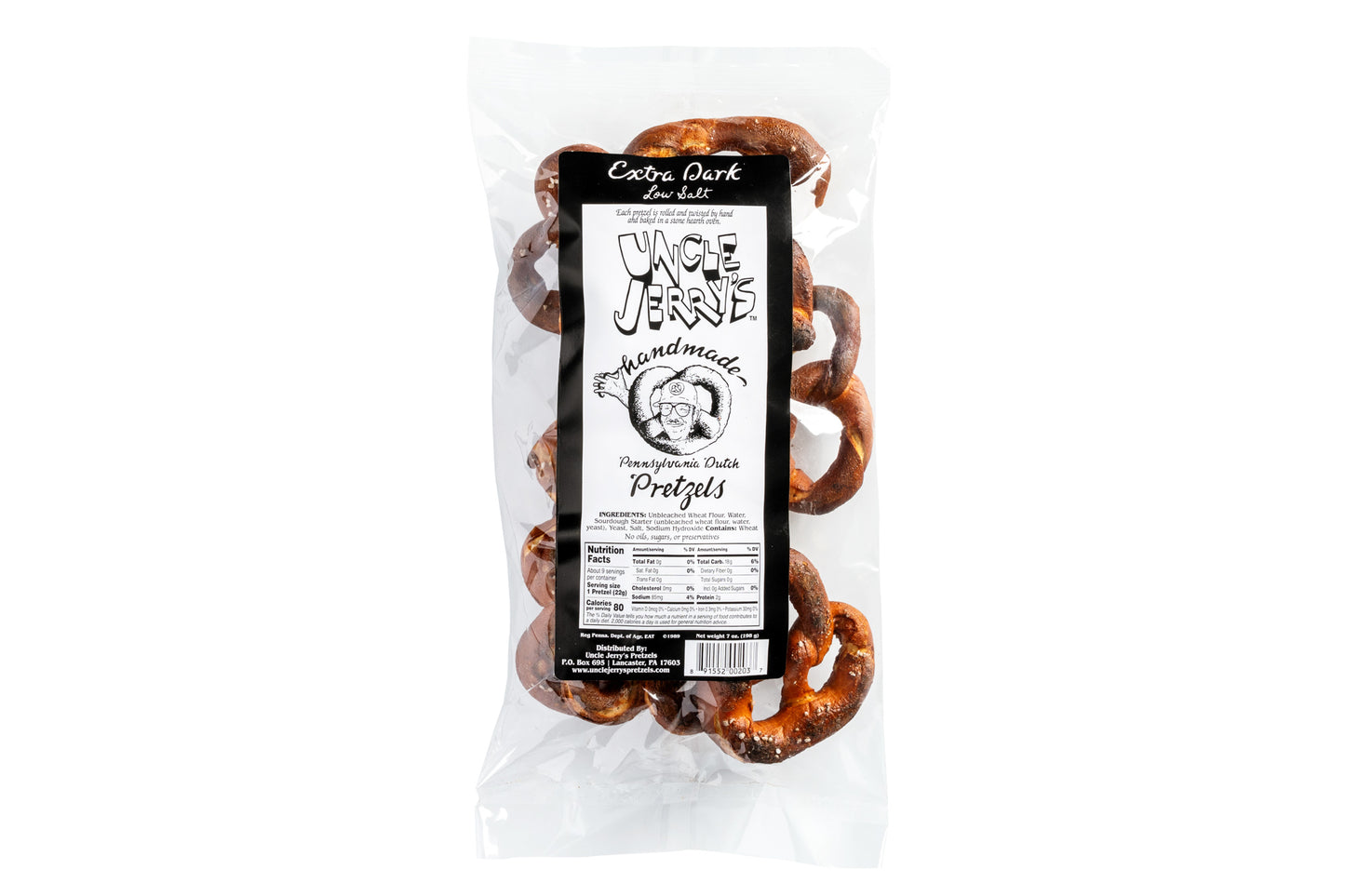 Bag of Uncle Jerry's extra dark low salt pretzels