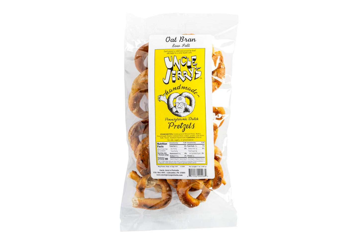 Bag of low salt oat bran pretzels