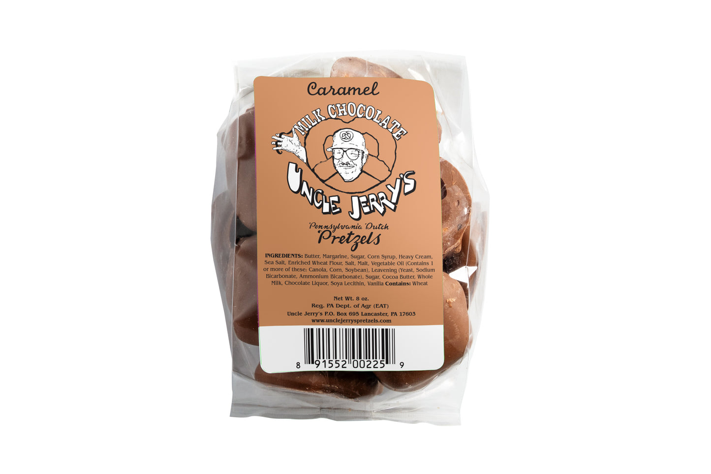 Milk chocolate caramel pretzel bites in clear bag