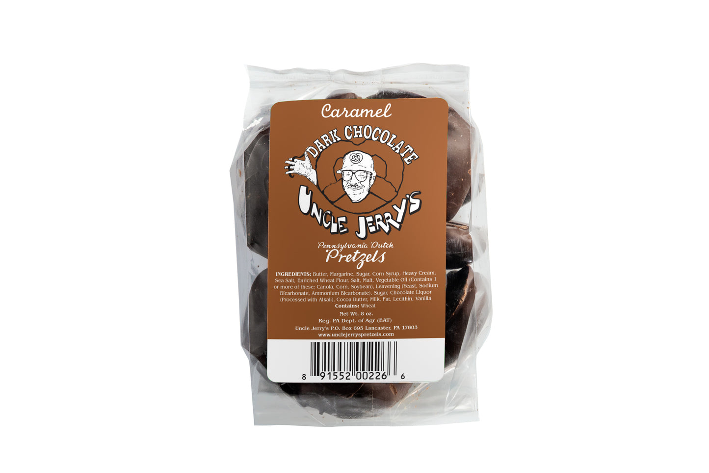 Dark chocolate caramel pretzel bites in clear bag