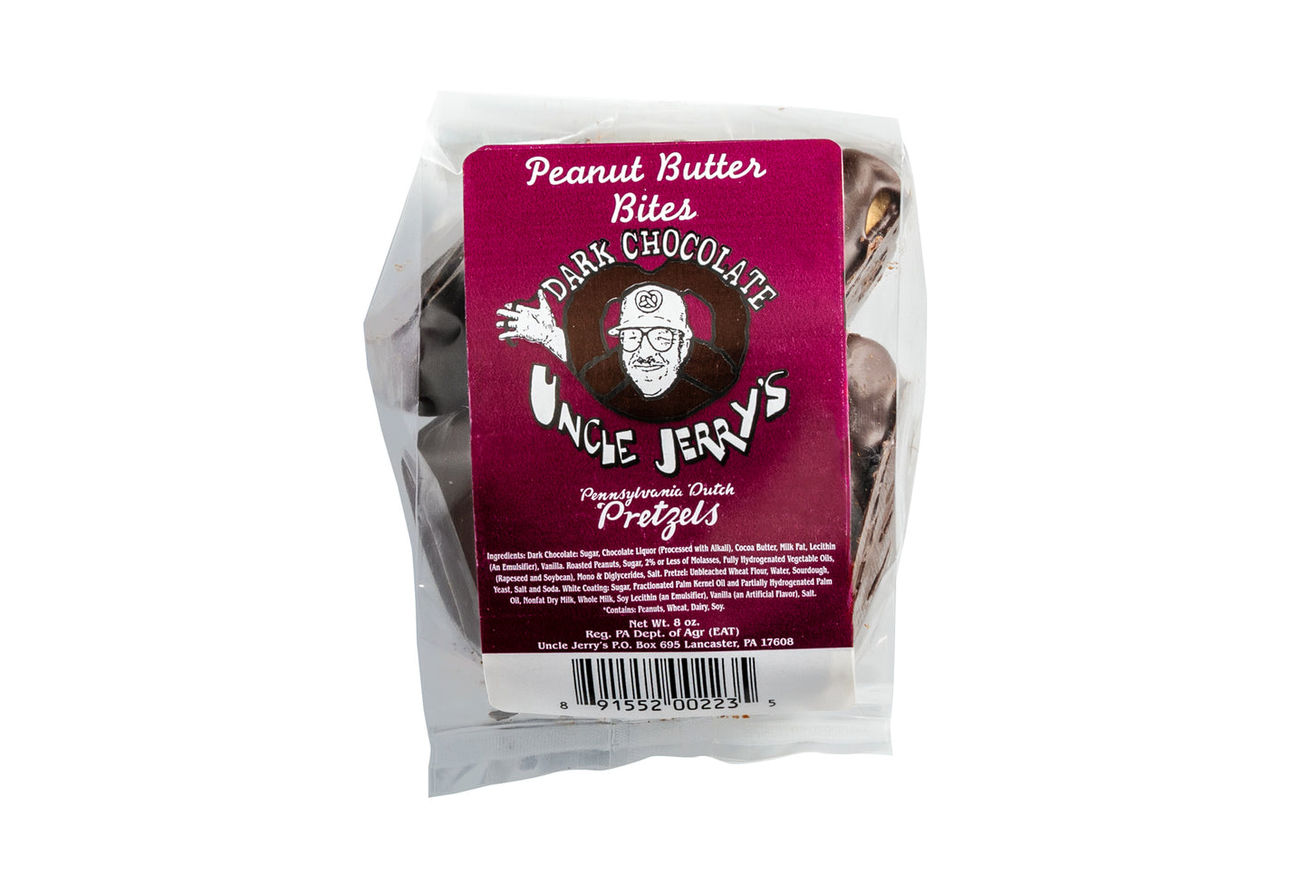 Dark chocolate peanut butter pretzel bites in clear bag
