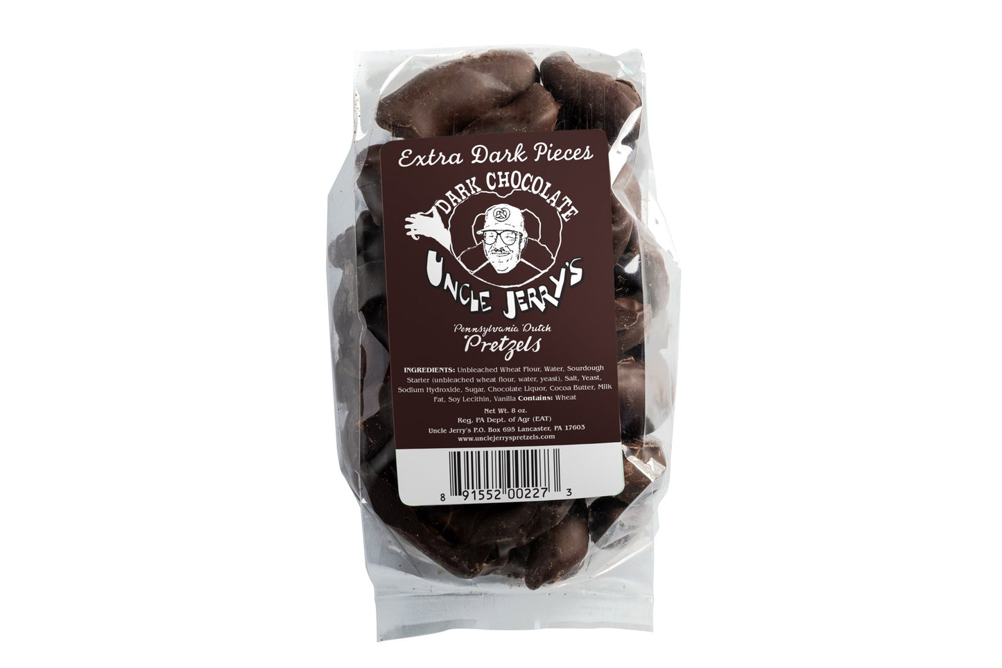 Bag of Uncle Jerry’s extra dark chocolate-covered pretzel pieces.