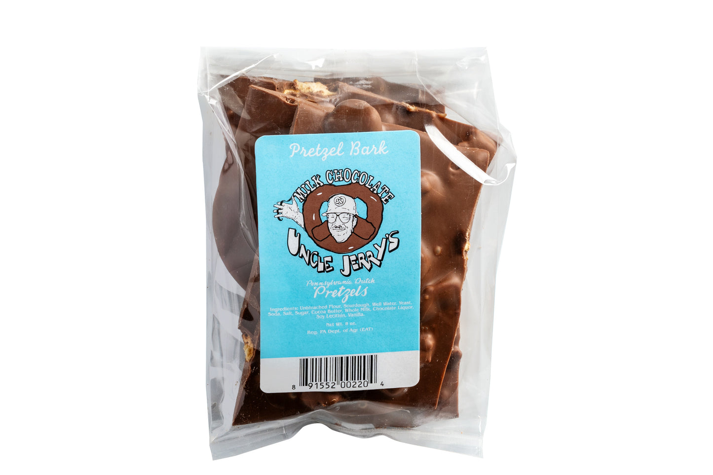 Milk chocolate pretzel bark in clear bag