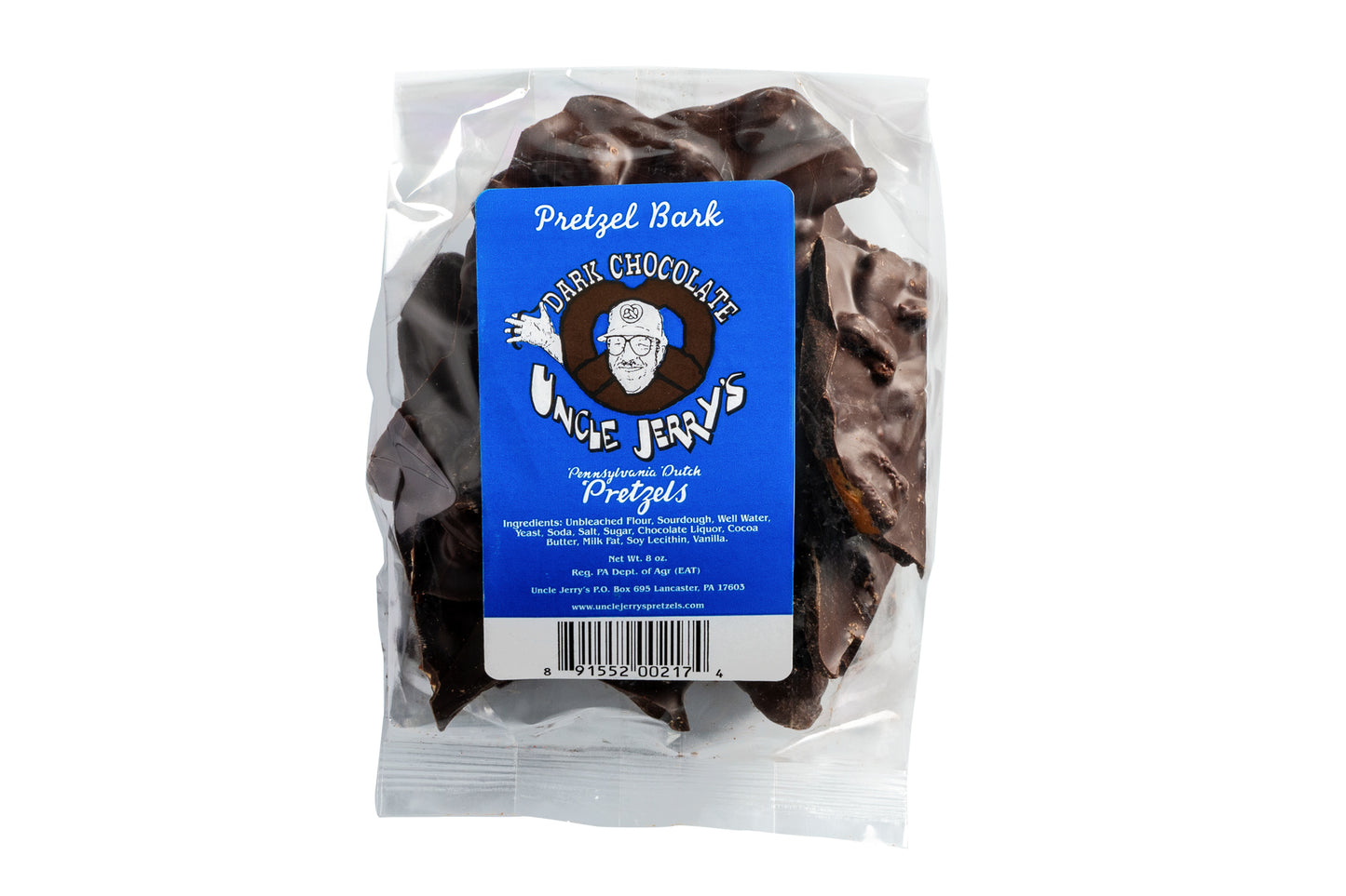 Dark chocolate pretzel bark in clear bag