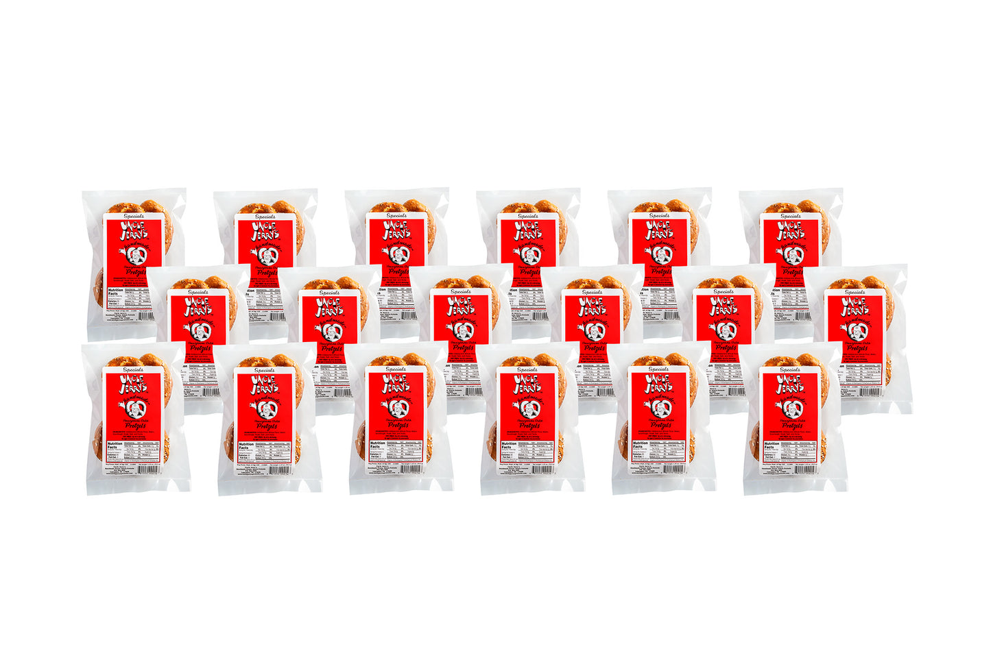 Multiple packs of salted pretzel snacks with red labels