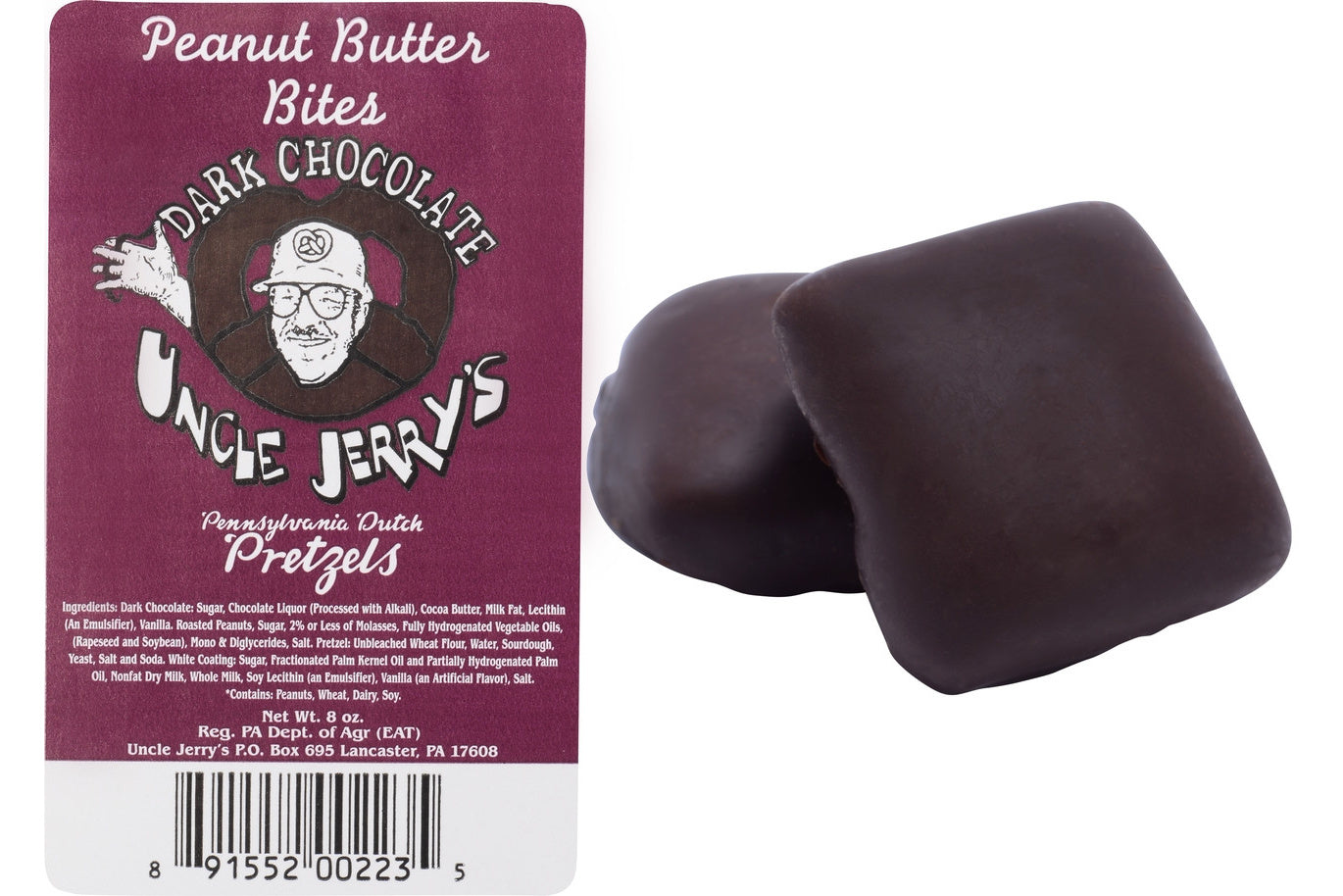 Uncle Jerry's dark chocolate peanut butter pretzel bites with label