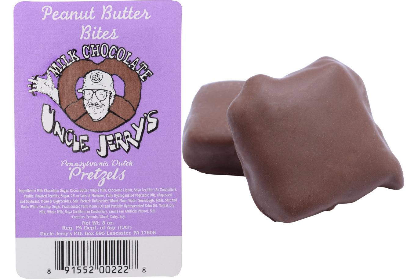 Uncle Jerry's milk chocolate peanut butter pretzel bites with label