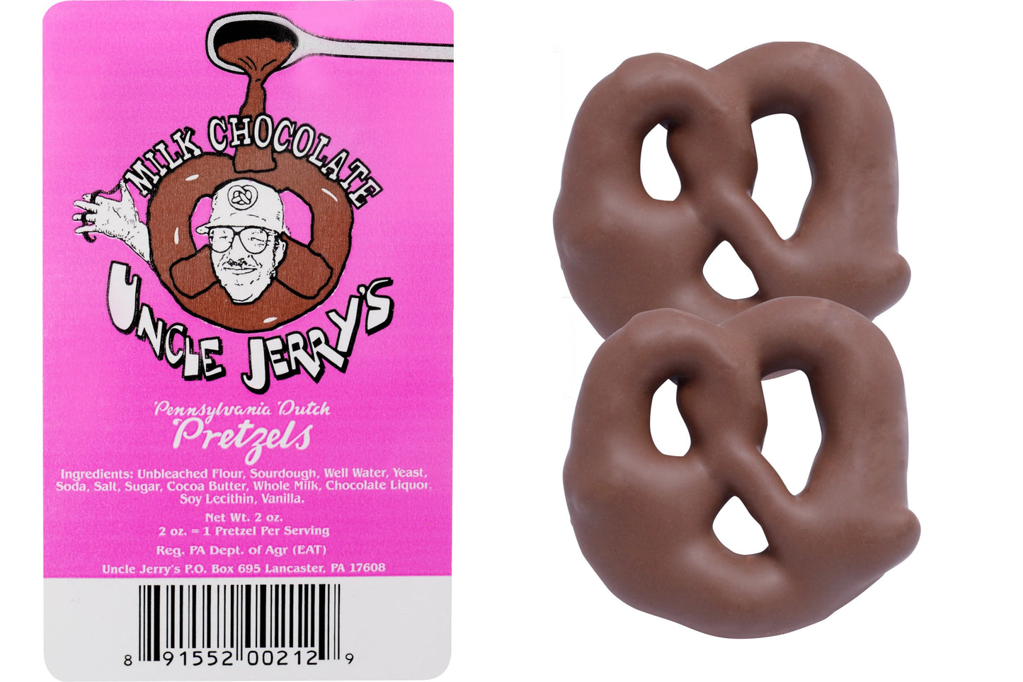 
                  
                    Uncle Jerry's milk chocolate covered pretzels with pink label
                  
                